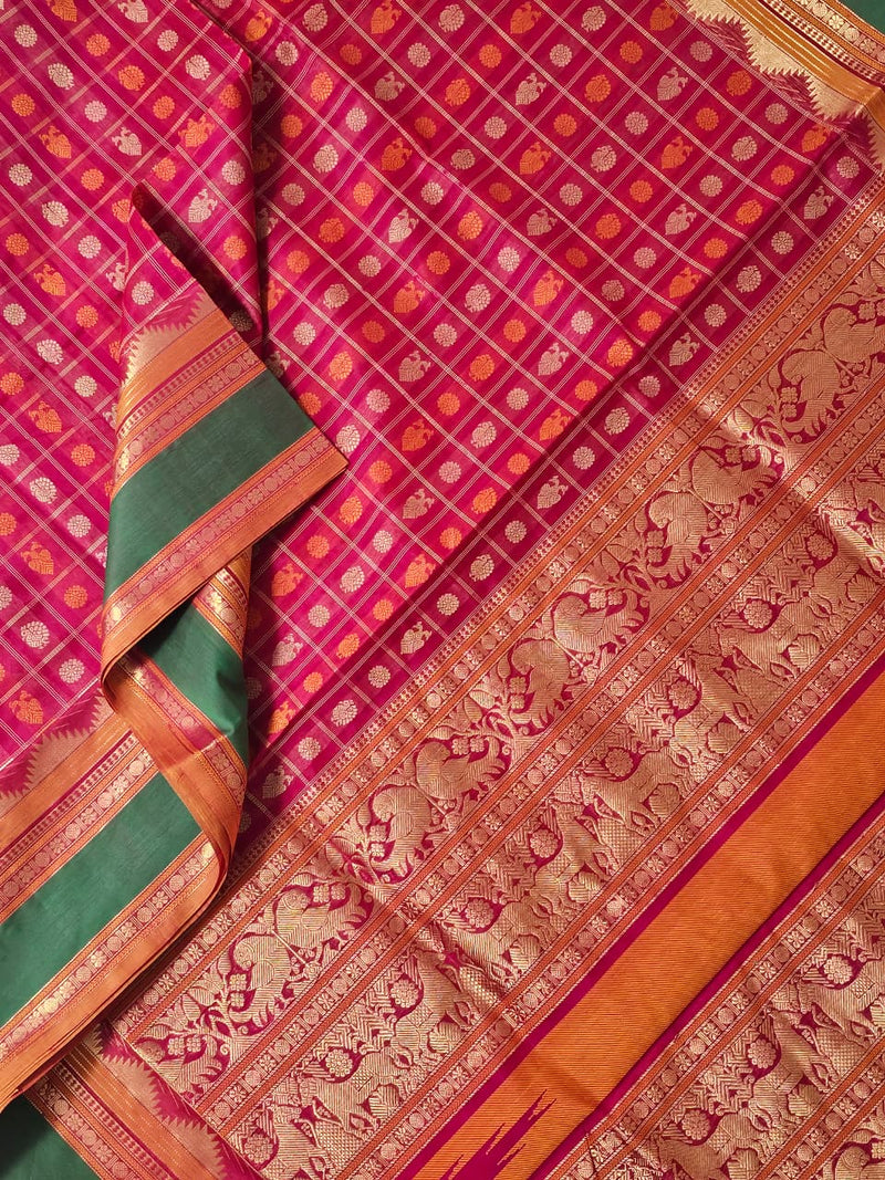 Aayiramgriva – Pink Aayiram Butta Handloom Kanchi Silk Cotton Saree with Gandabherunda Pakshi Motifs