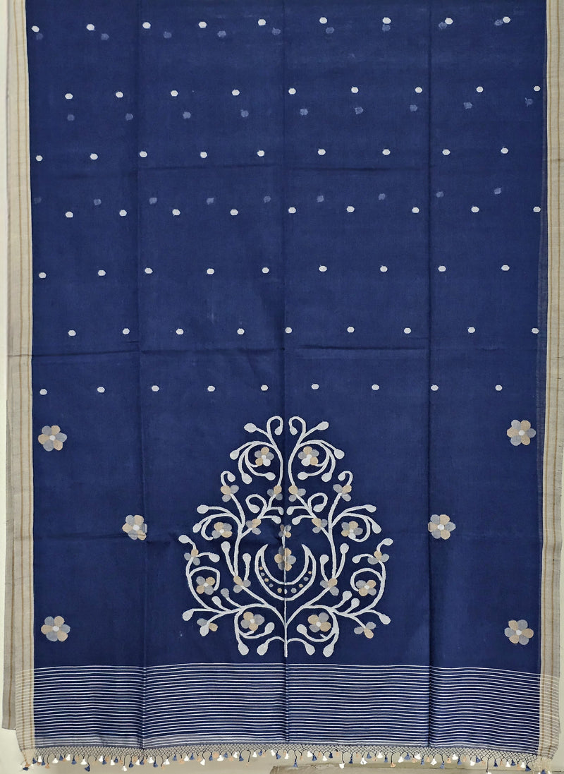 Ambhrini – Navy Blue Jamdani Handloom Bengal Cotton Saree