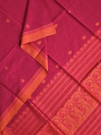 Anvitha – Magenta Pink Handloom Bengal Cotton Saree with Orange Baluchari Motifs