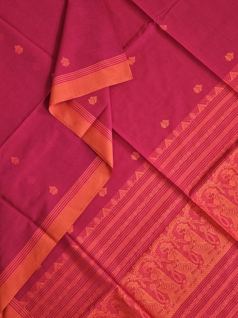 Anvitha – Magenta Pink Handloom Bengal Cotton Saree with Orange Baluchari Motifs