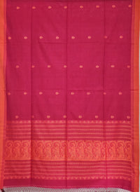 Anvitha – Magenta Pink Handloom Bengal Cotton Saree with Orange Baluchari Motifs