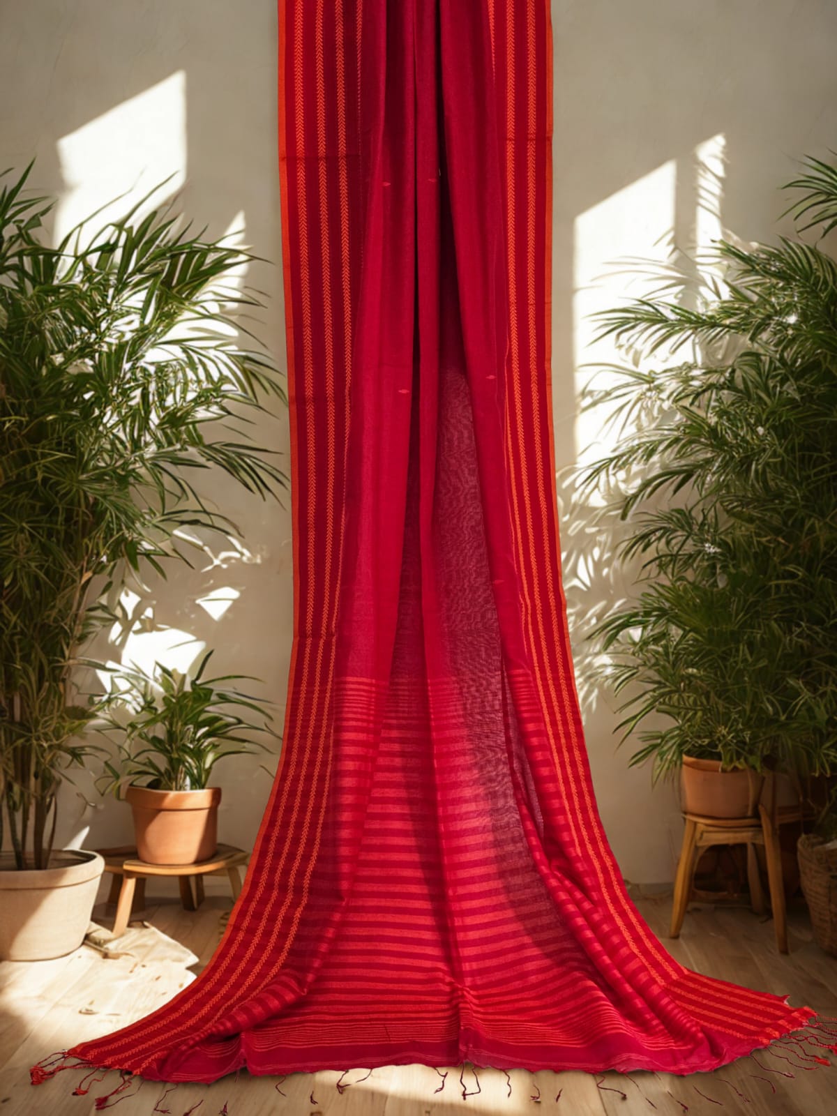 Arunika – Red Handloom Tangail Khadi Saree with Orange Border