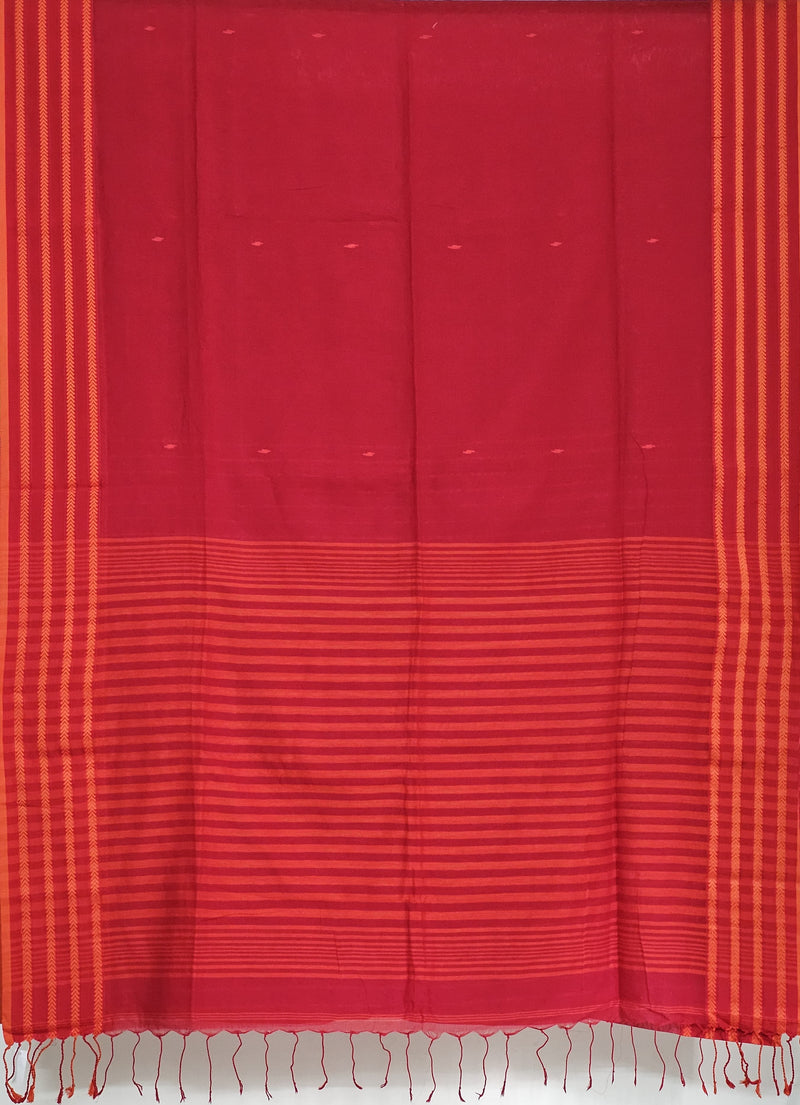 Arunika – Red Handloom Tangail Khadi Saree with Orange Border