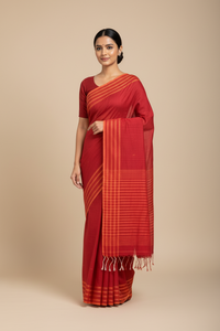 Arunika – Red Handloom Tangail Khadi Saree with Orange Border