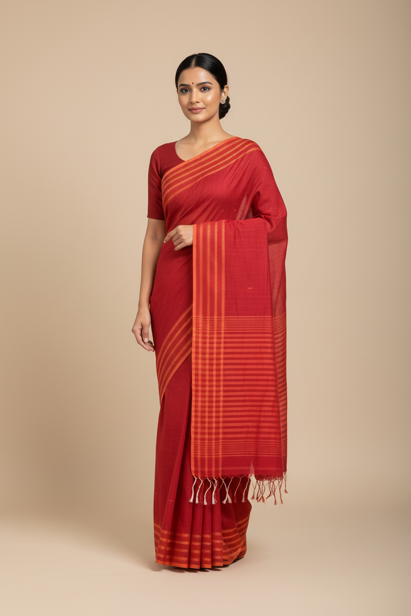 Arunika – Red Handloom Tangail Khadi Saree with Orange Border