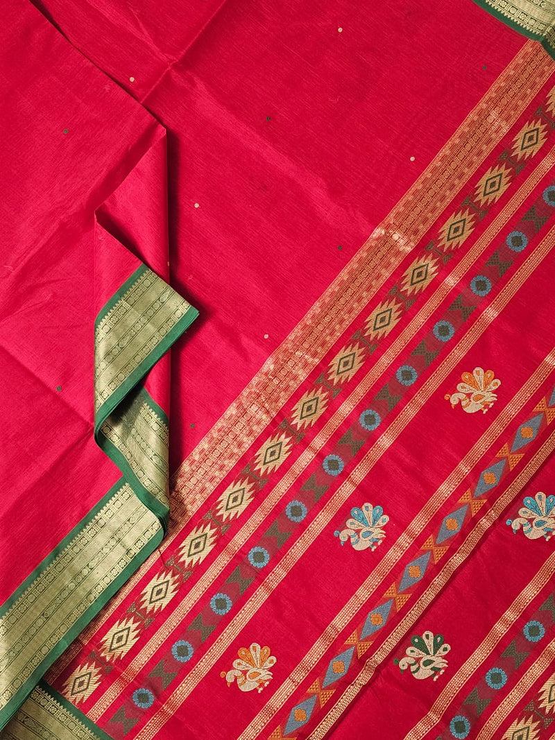 Arunima – Red Handloom Kanchi Silk Cotton Saree with Bomkai Pallu