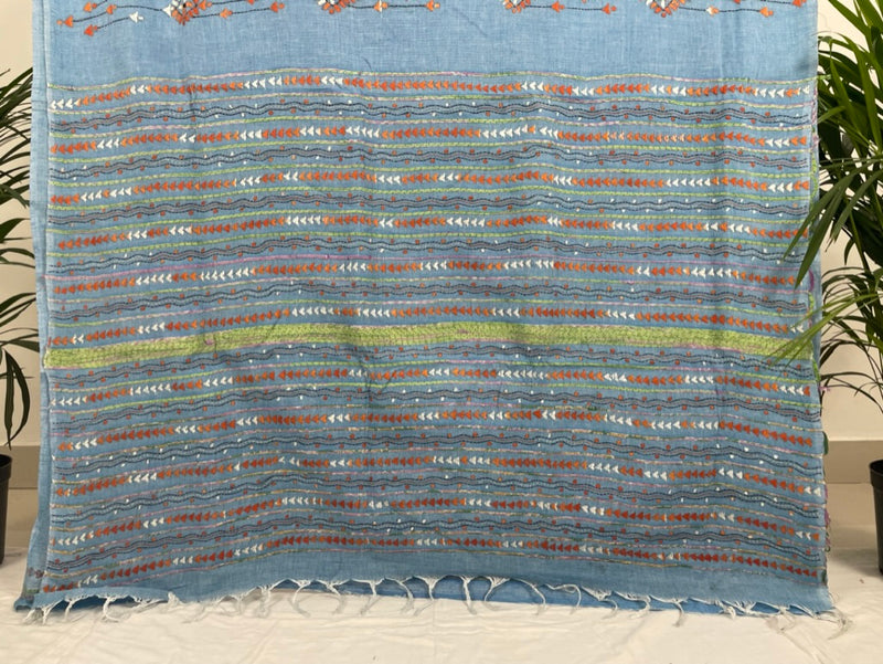 Light Blue Kesh Kantha Cotton Saree