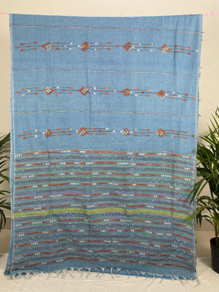 Light Blue Kesh Kantha Cotton Saree