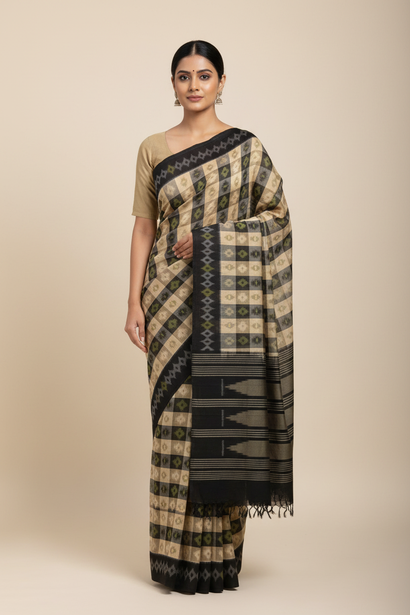 Beige Black Checks Handloom Ikkat Cotton Saree