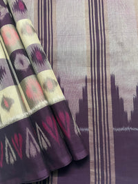 Beige Burgundy Purple Checks Handloom Ikkat Cotton Saree