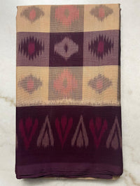 Beige Burgundy Purple Checks Handloom Ikkat Cotton Saree