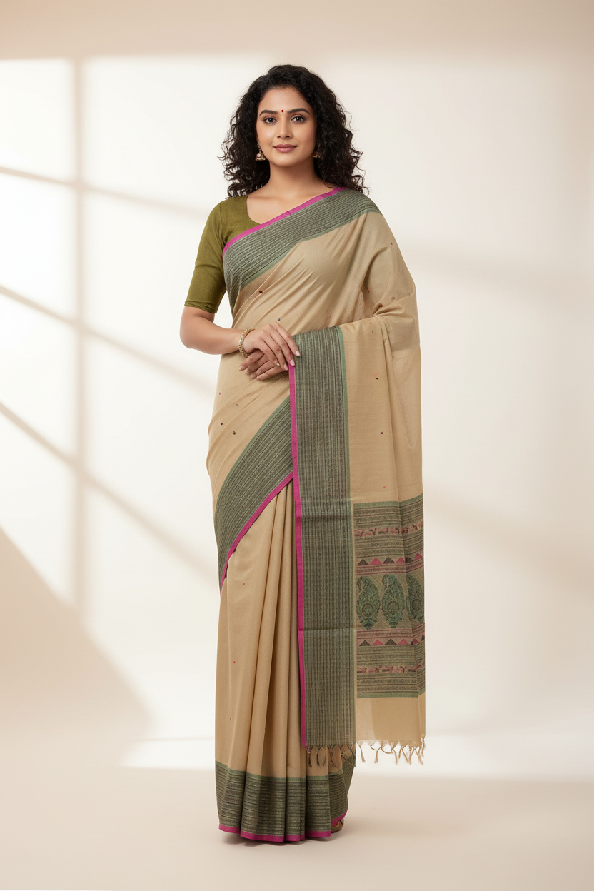 Dark Beige Handloom Kanchi Cotton Saree with Bomkai Pallu
