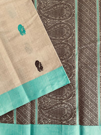 Beige Kanchi Cotton Saree with Peacock motif and Sea Blue Border