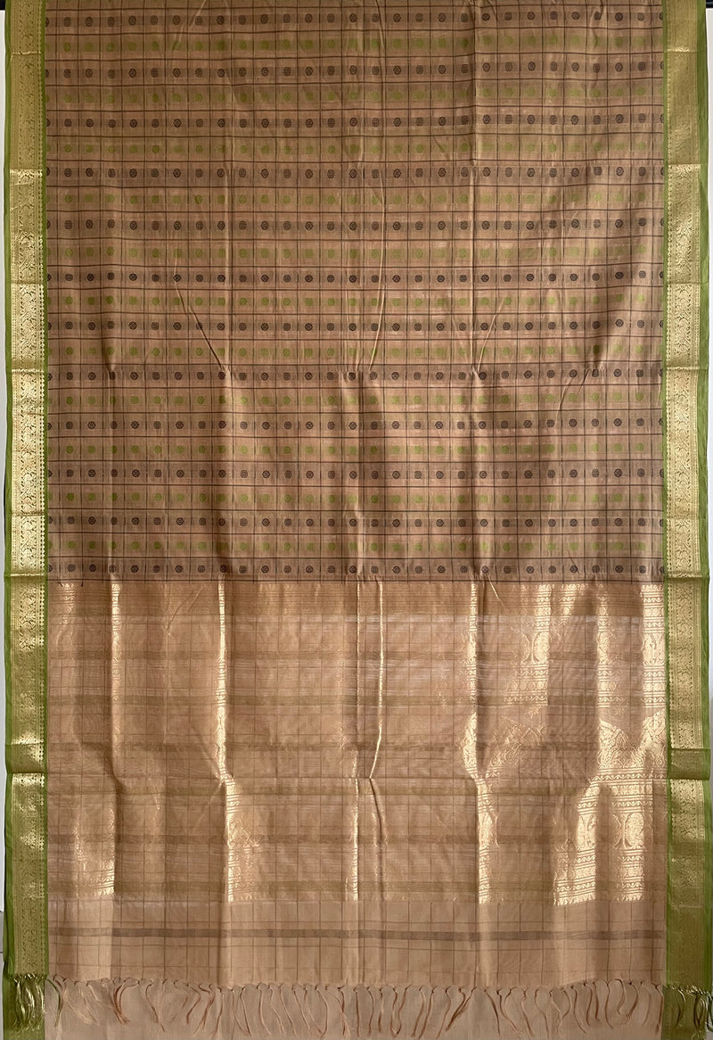 Beige Thousand Butta Handloom Kanchi Cotton Saree with Green Border