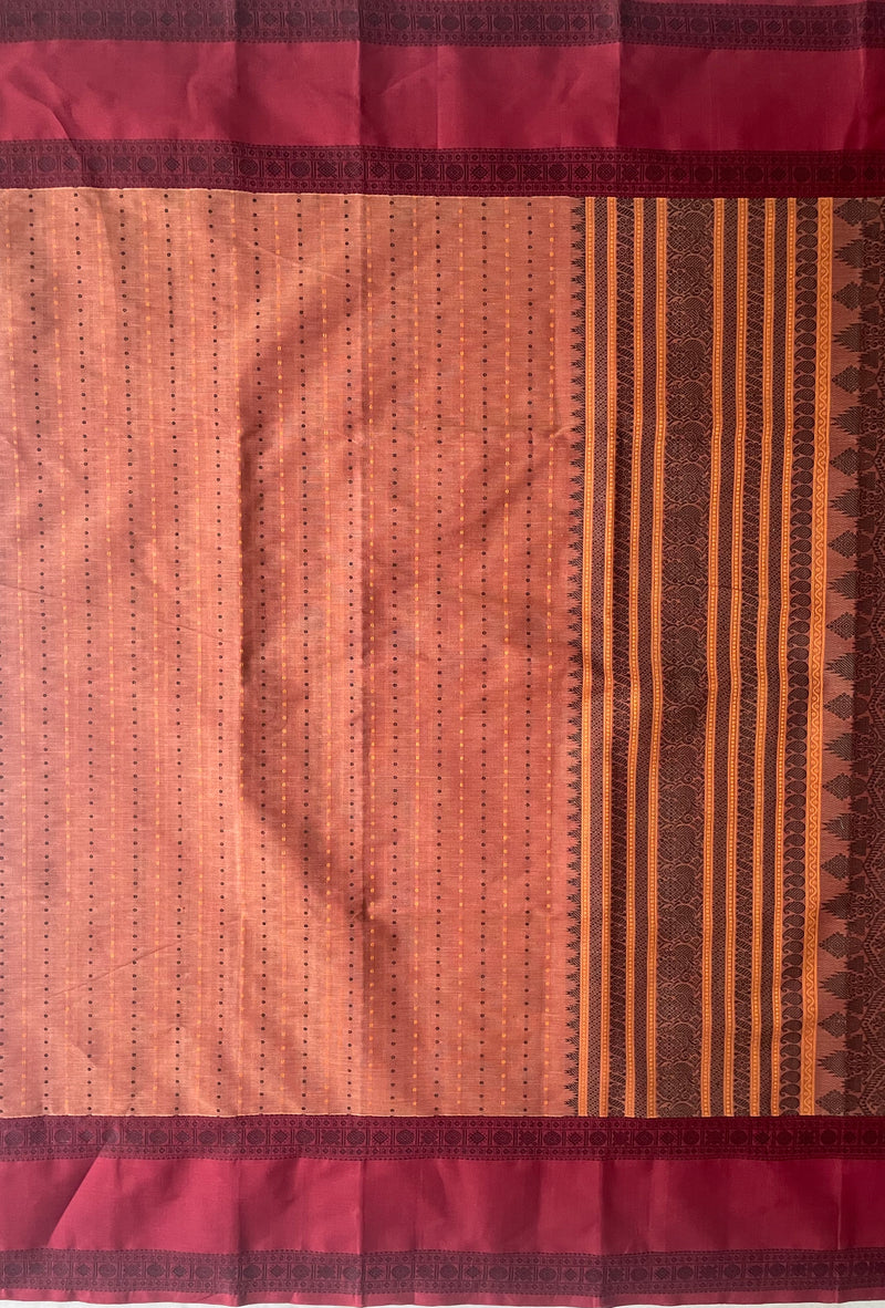 Beige and Maroon Dual Tone Handloom Kanchi Cotton Saree