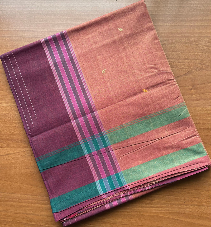 Beige and Red Dual Tone Handloom Kanchi Cotton Saree