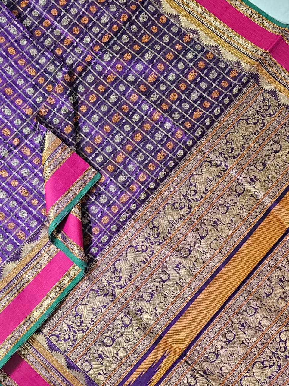 Bhavanika – Navy Blue Aayiram Butta Handloom Kanchi Silk Cotton Saree with Gandabherunda Pakshi Motifs