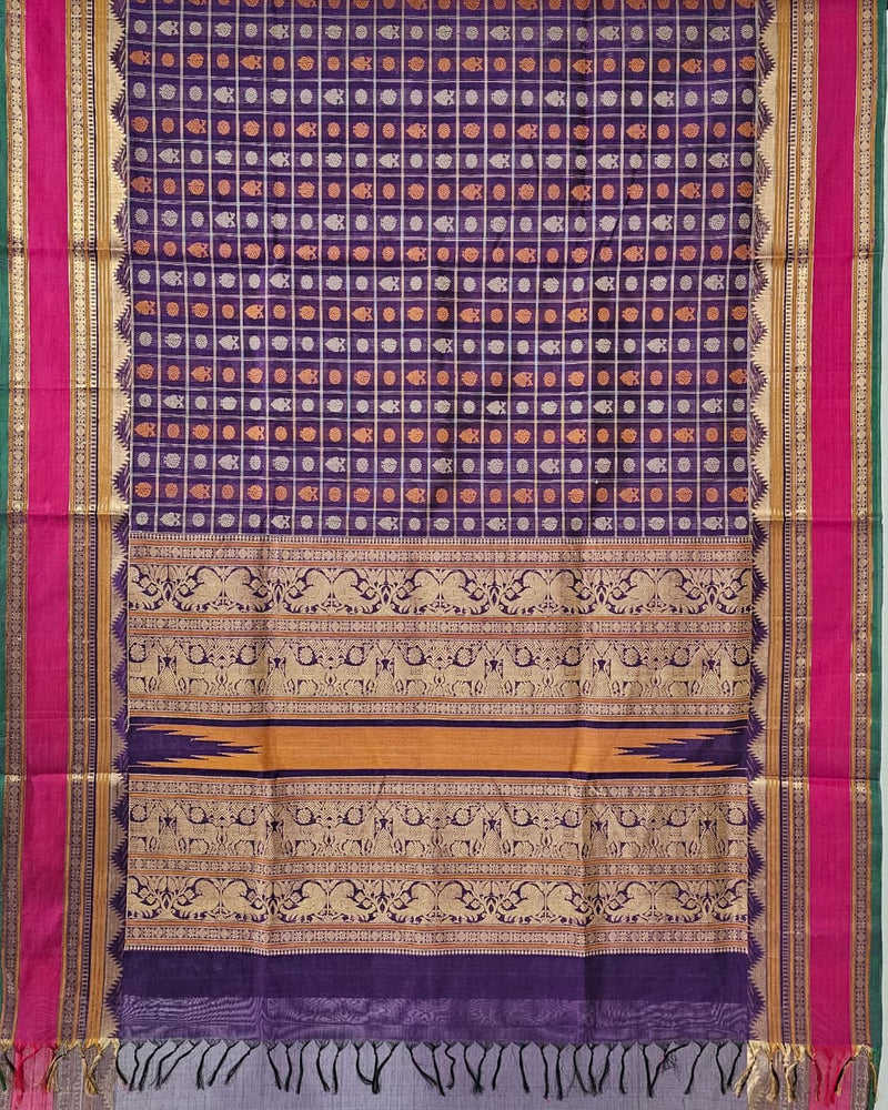 Bhavanika – Navy Blue Aayiram Butta Handloom Kanchi Silk Cotton Saree with Gandabherunda Pakshi Motifs