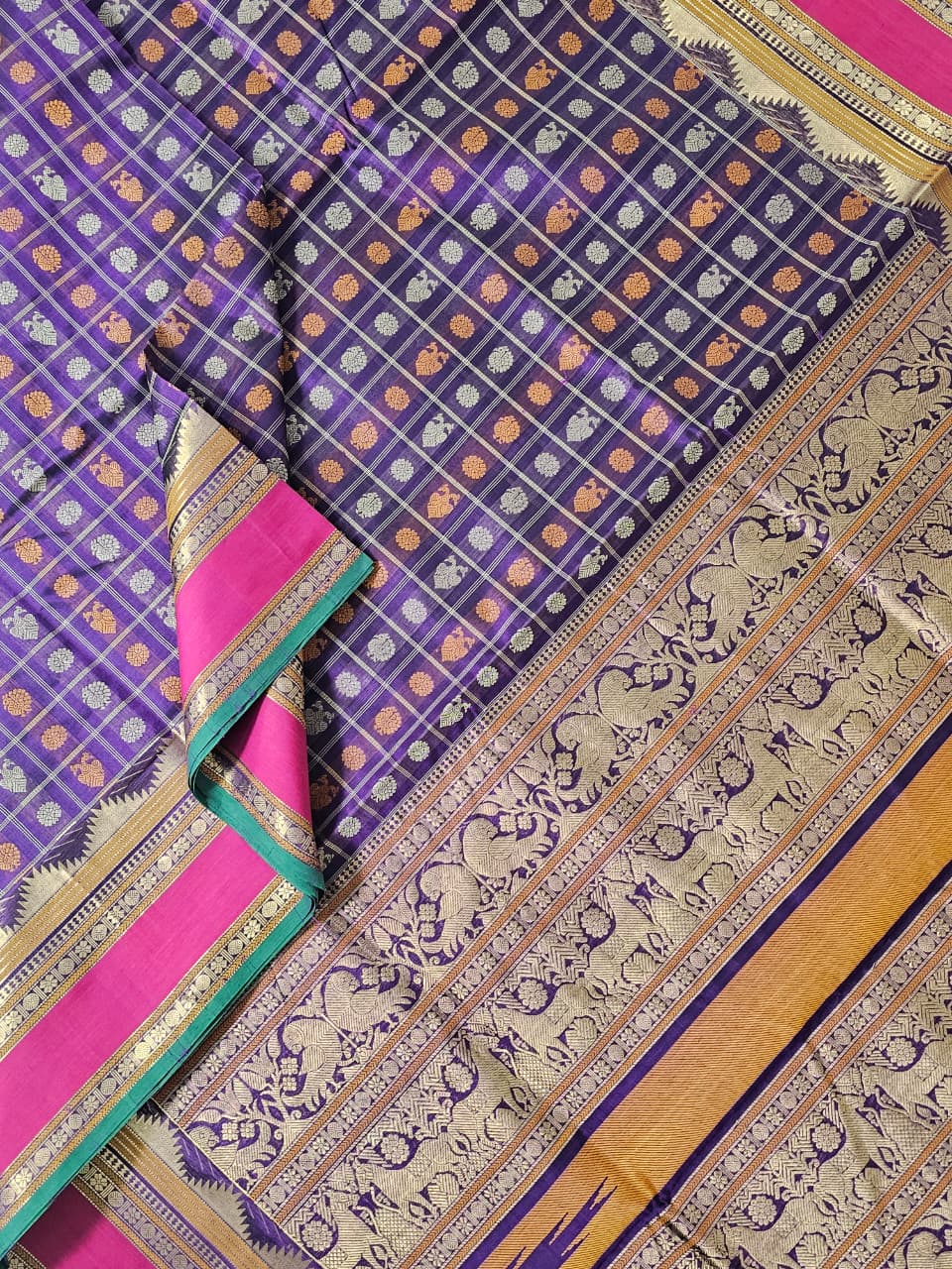 Bhavanika – Navy Blue Aayiram Butta Handloom Kanchi Silk Cotton Saree with Gandabherunda Pakshi Motifs