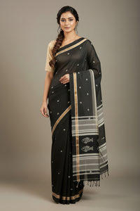 Black Handloom Khadi Saree with Fish Motifs