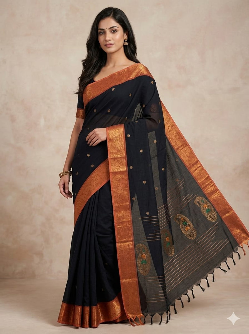 Black Handloom Venkatagiri Cotton Saree with Orange Zari Border