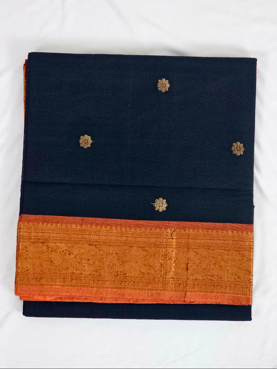 Black Handloom Venkatagiri Cotton Saree with Orange Zari Border