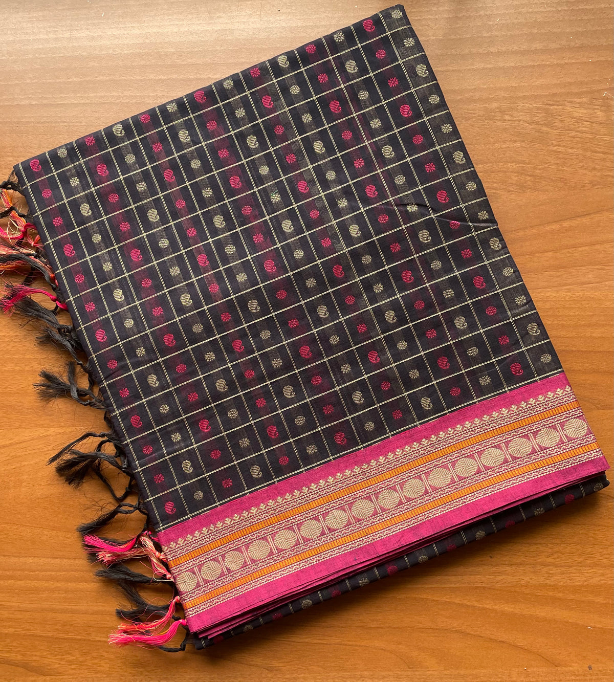 Black Lakshadeepam Handloom Kanchi Cotton Saree with Pink Border