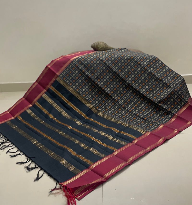 Black Thousand Butta Handloom Kanchi Cotton Saree with Maroon Zari Rettai Pet Border