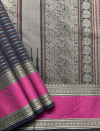 Black & Ash Grey Dual Tone Handloom Kanchi Cotton Saree with Horizontal Stripes