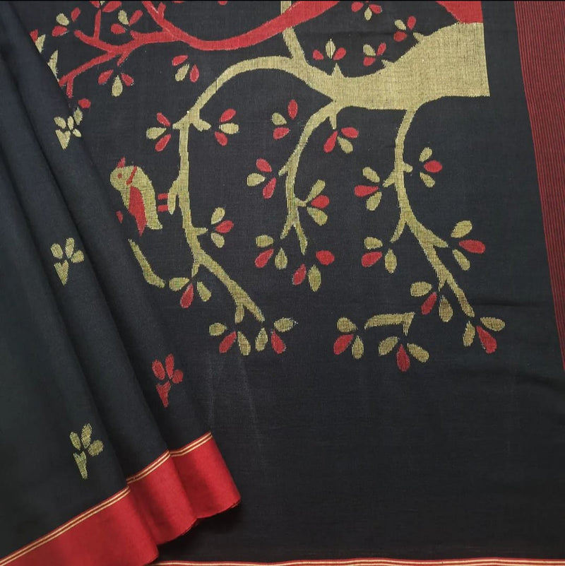 Black and Red Handloom Khadi Jamdhani Saree