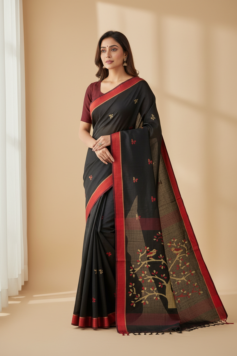 Black and Red Handloom Khadi Jamdhani Saree