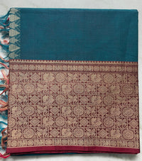 Blue Handloom Kanchi Cotton Saree with Big Maroon Fish Border