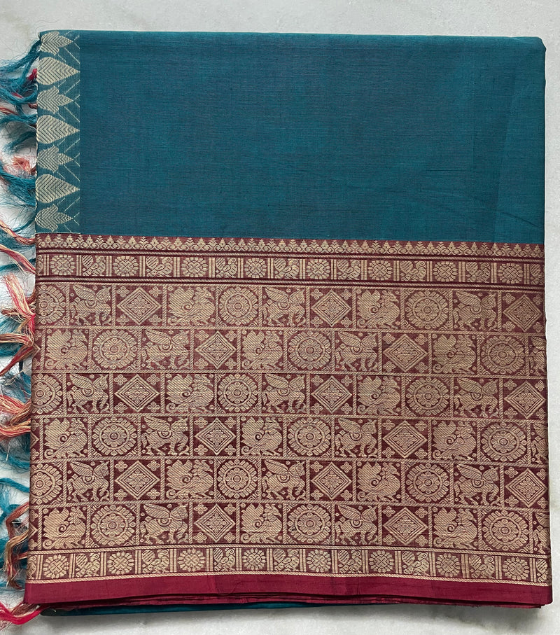 Blue Handloom Kanchi Cotton Saree with Big Maroon Fish Border