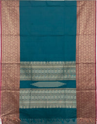 Blue Handloom Kanchi Cotton Saree with Big Maroon Fish Border