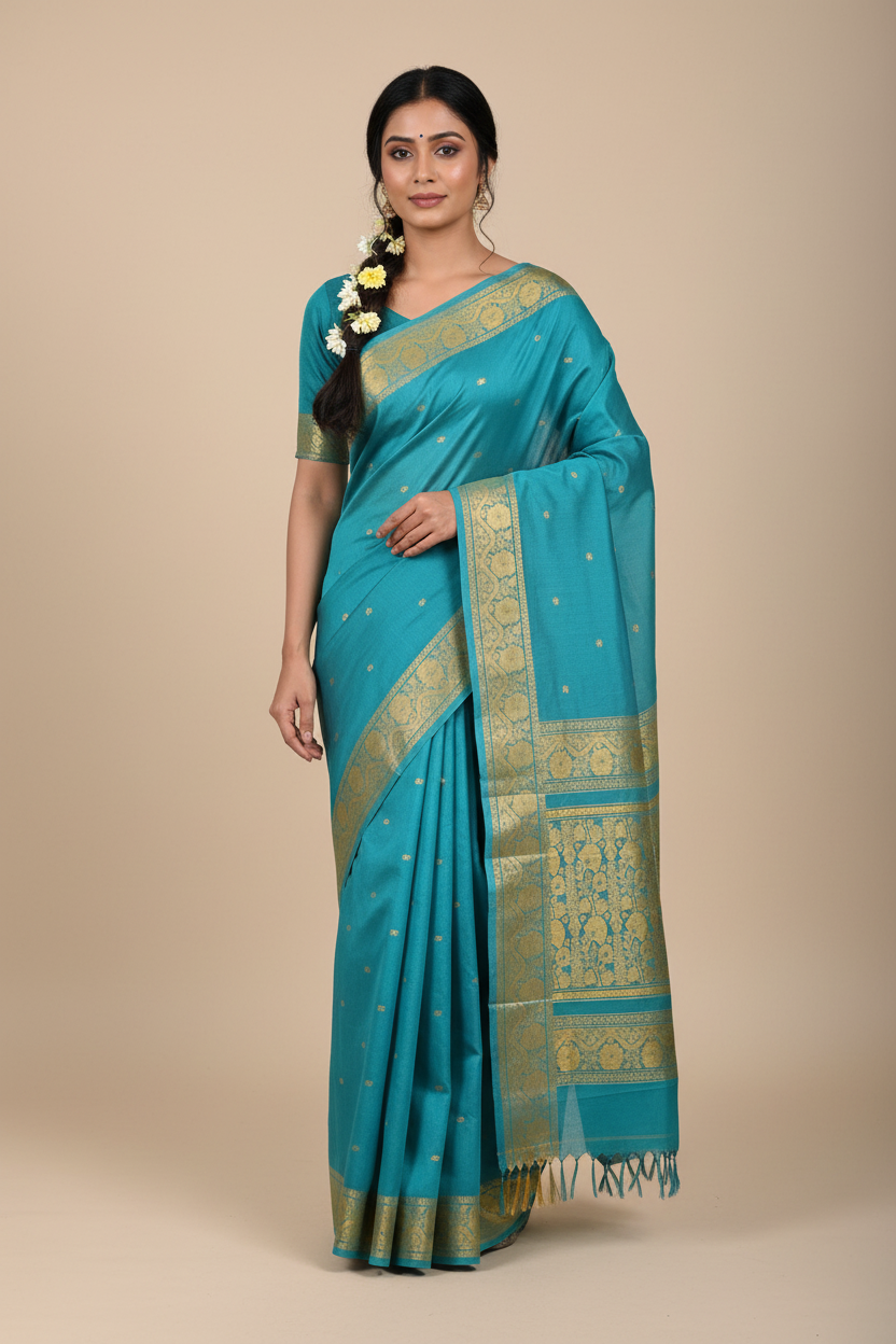 Blue Handloom Organic Kanchi Cotton Saree