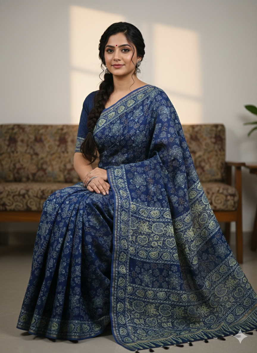 Blue Ajrakh Handblock Printed Chanderi Silk Saree