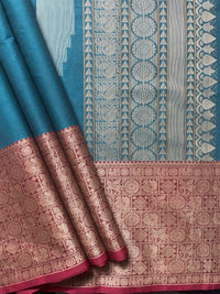 Blue Handloom Kanchi Cotton Saree with Big Maroon Border