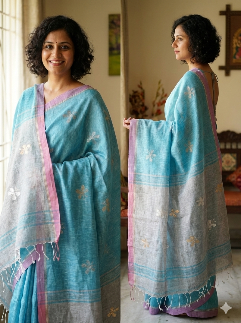 Blue Handloom Pure Linen Saree with Butterfly Motifs
