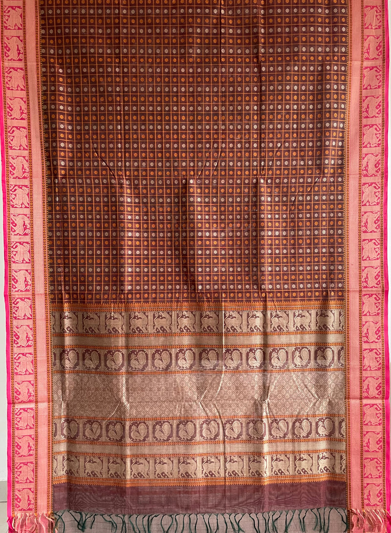 Bottle Green & Maroon Thousand Butta Handloom Kanchi Cotton Saree