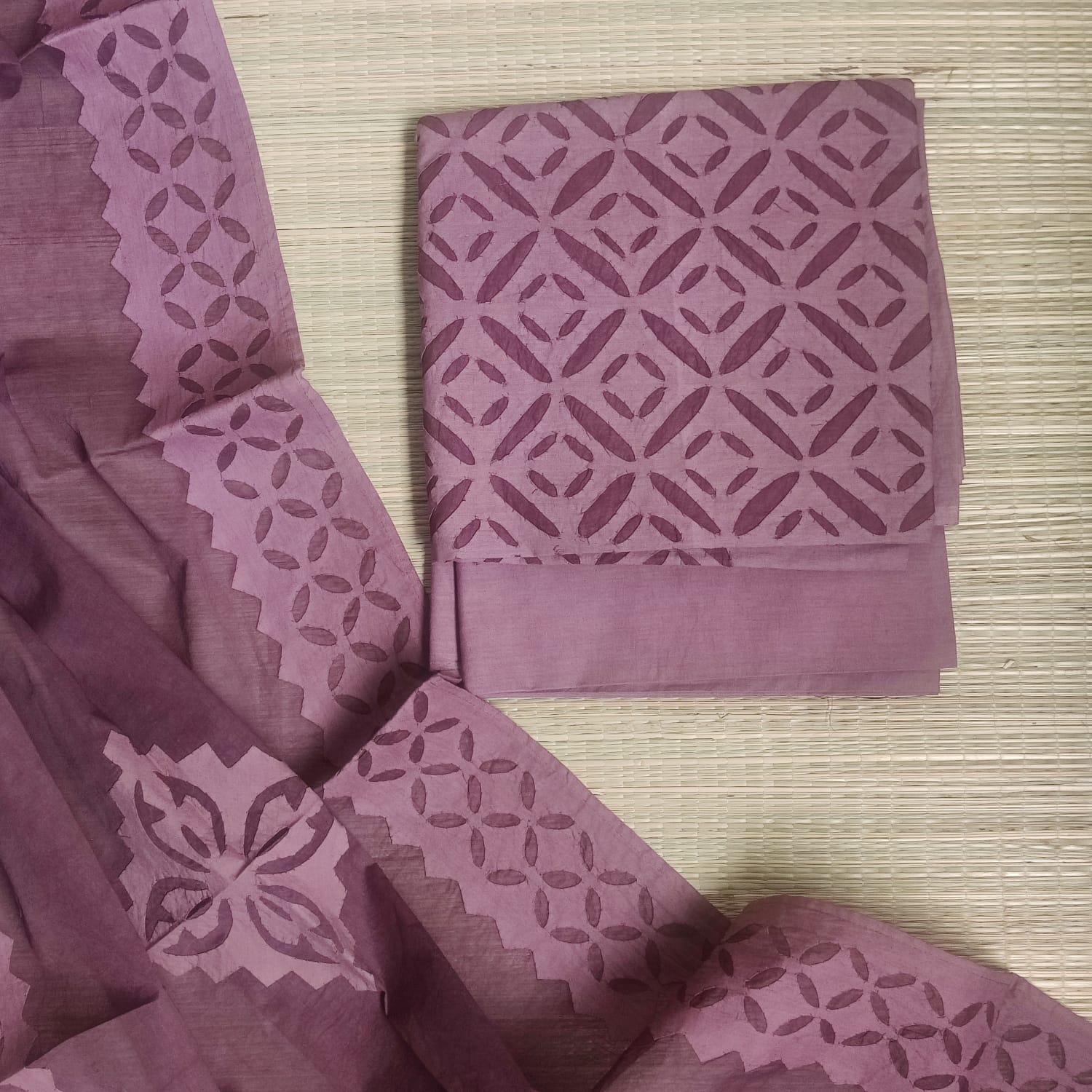 Brown Barmer Appliqué Cut Work Cotton 3 Piece Suit Material