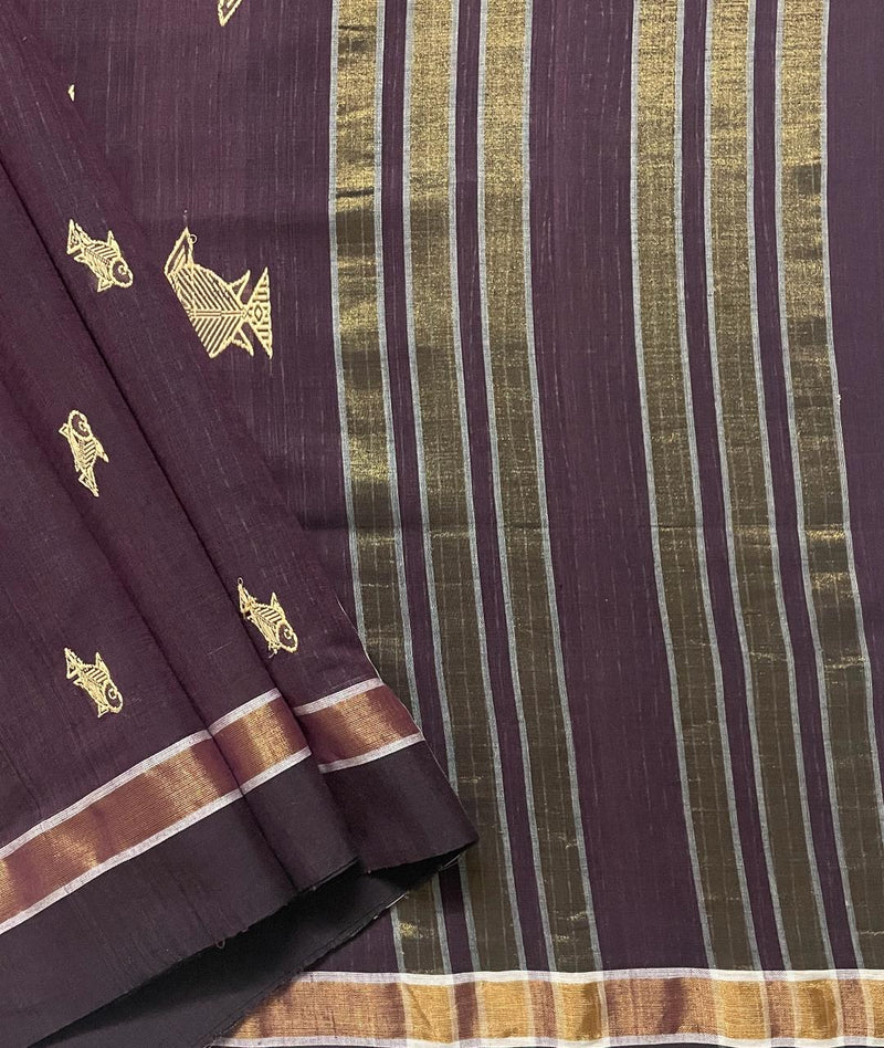 Burgundy Handloom Khadi Sari with Fish Motifs and Zari Border