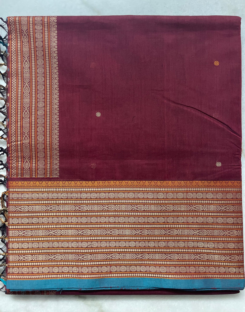 Burgundy Red Dual Tone Handloom Kanchi Cotton Saree with Bomkai Pallu