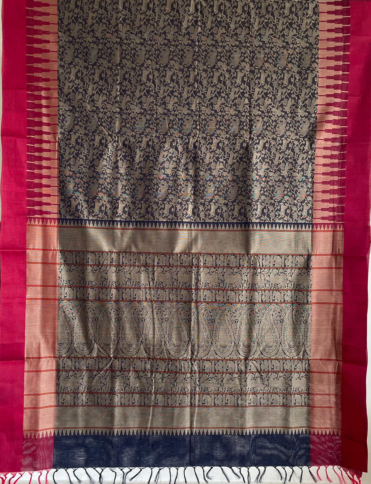 Burgundy Vanasingaram Handloom Kanchi Cotton Saree with Pink Border