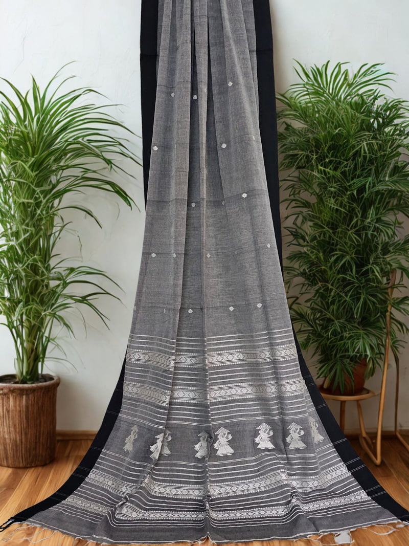 Charulekha – Grey Handloom Khadi Saree with White Baluchari Motifs