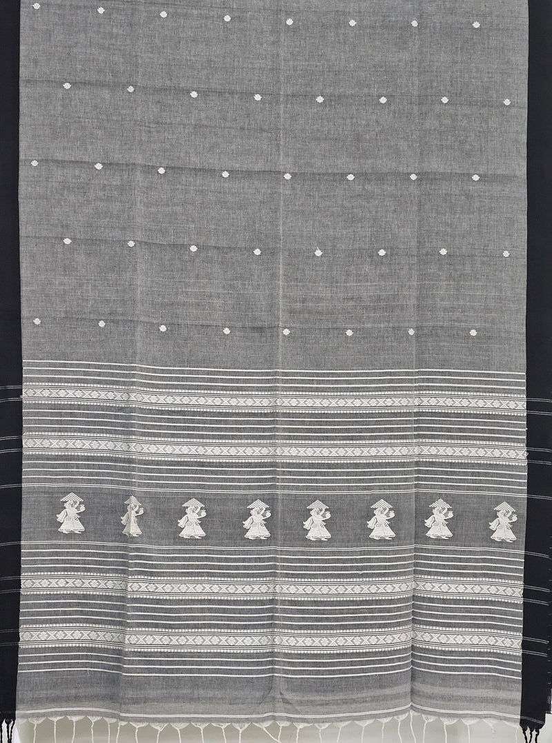 Charulekha – Grey Handloom Khadi Saree with White Baluchari Motifs