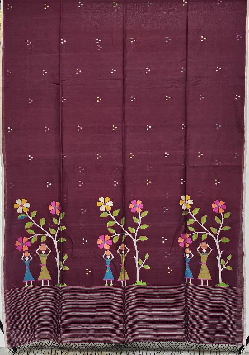 Chitrani – Maroon Jamdani Handloom Bengal Cotton Saree