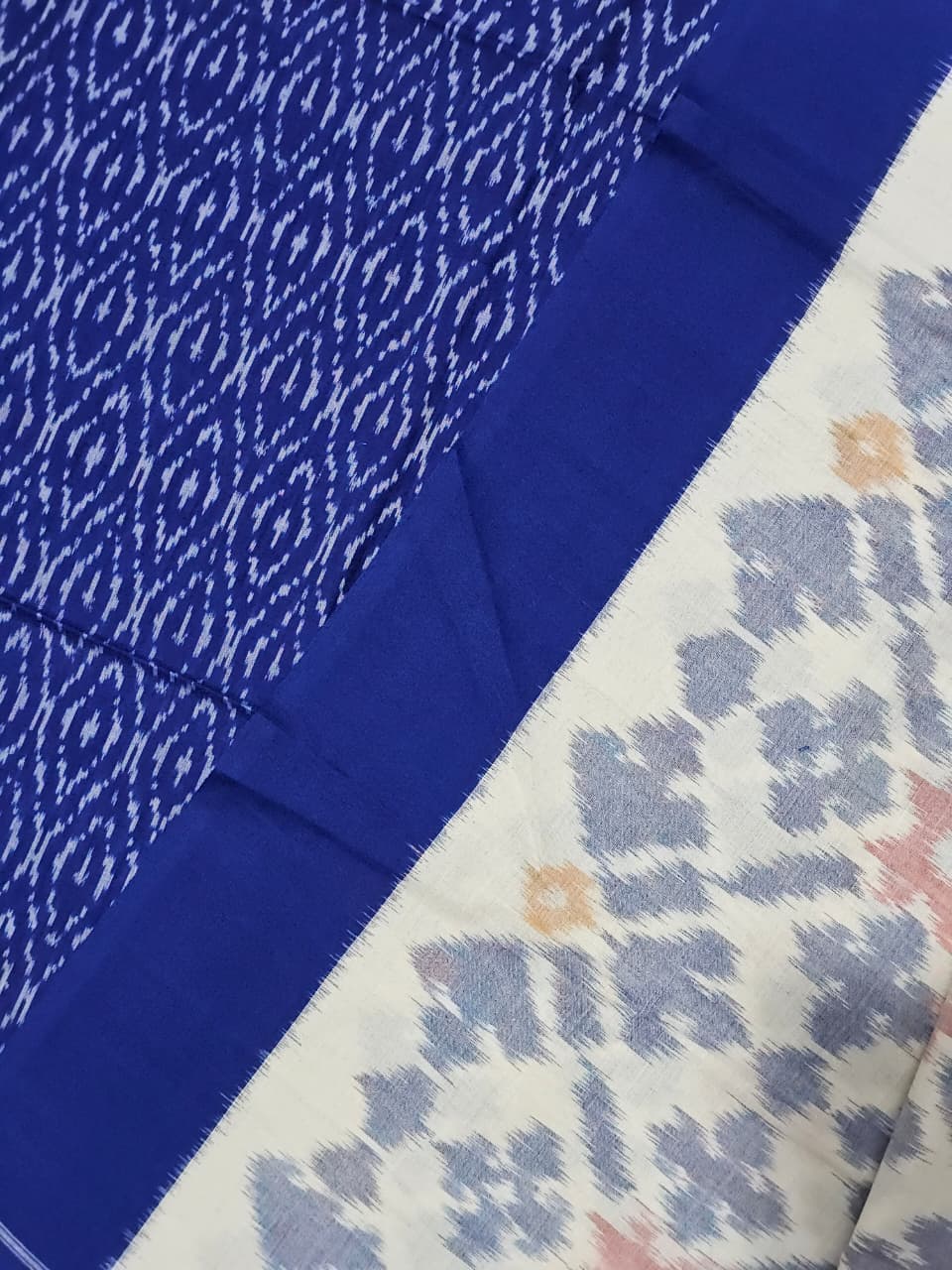 close up of Navy Blue Pochampally Handloom Ikat Mercerised Cotton Dress Material with Dupatta