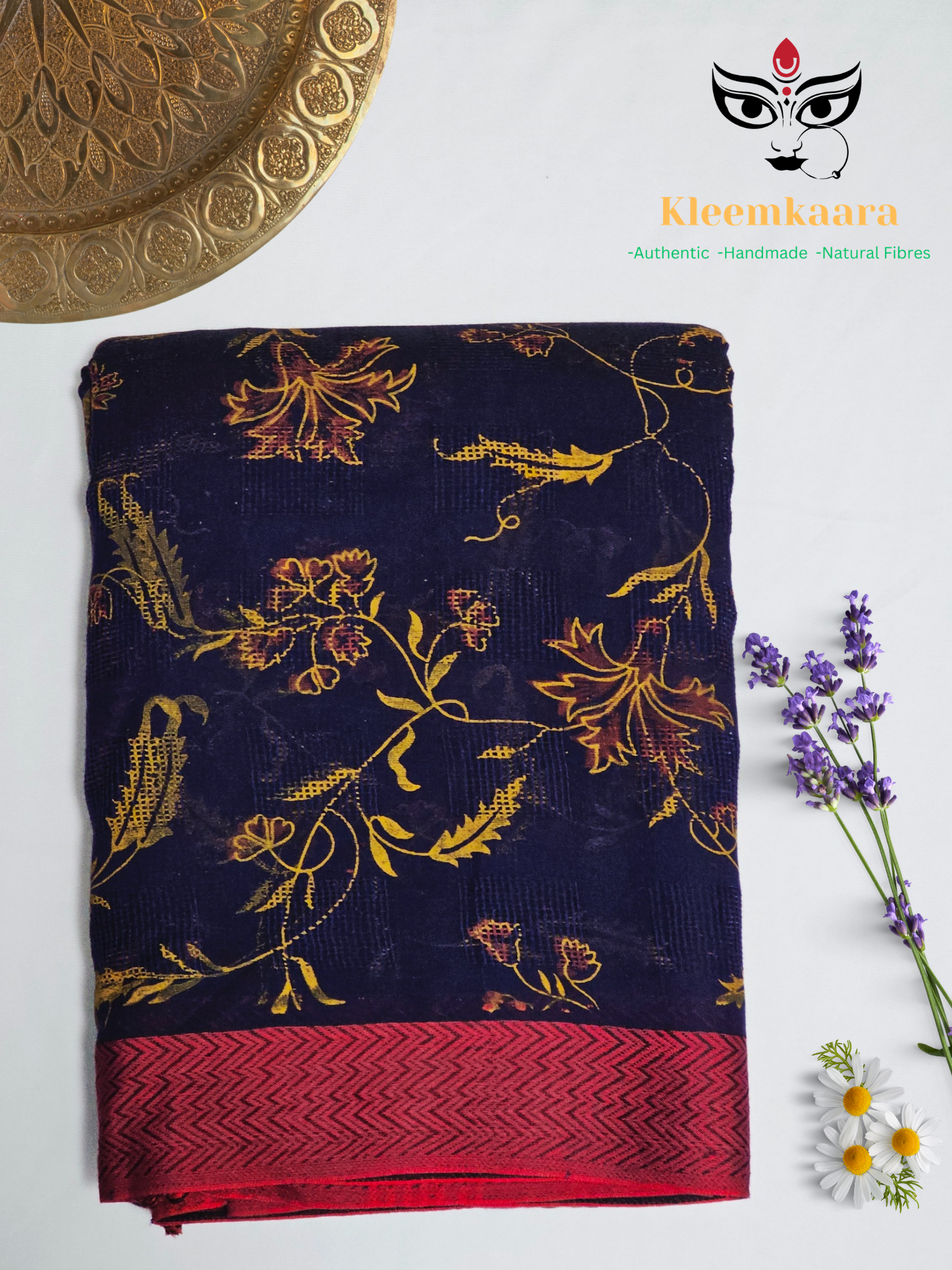 Close up of Navy Blue Handloom Khadi Saree with Jaali Pattern