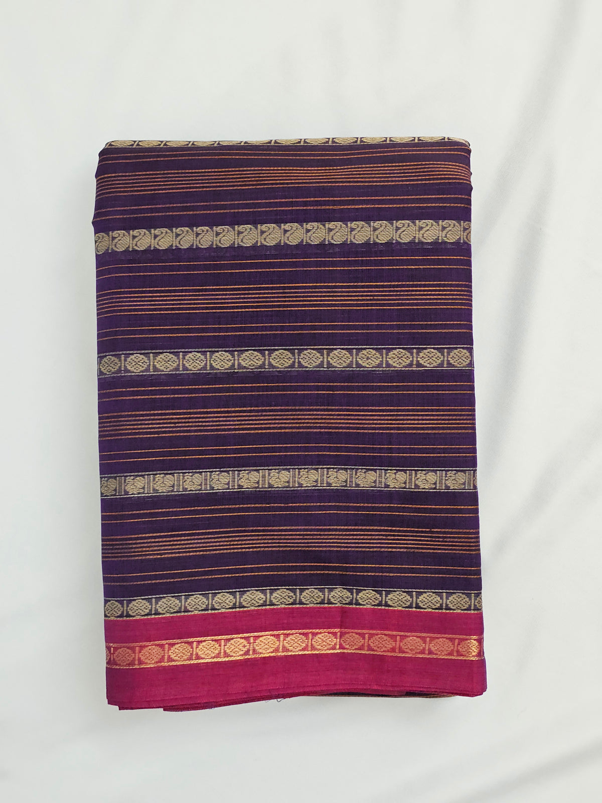 Close up of Vainika – Purple Handloom Kanchi Cotton Saree with Horizontal stripes