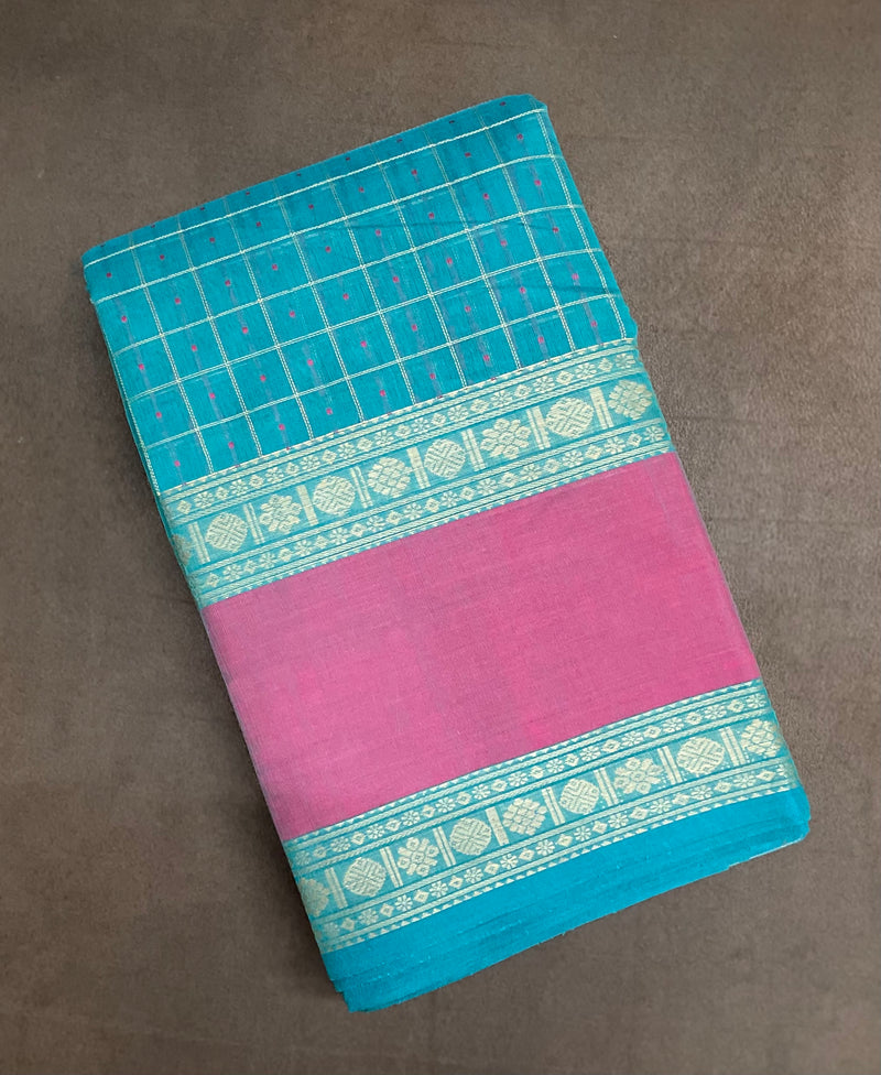 Copper Blue Nakshatra Butta Handloom Kanchi Cotton Saree with Pink Rettai Pet Border